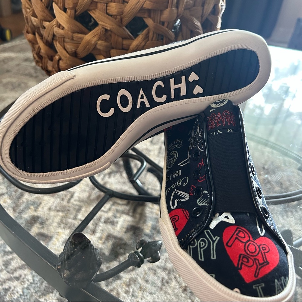 Coach Black Canvas Sneakers with Red and White Pop Heart Graphics - Picture 3 of 6